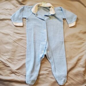 Vintage Terry Usa Baby Boy Blue One Piece Collared Rocking Horse‎ Outfit Footed